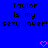Blue background with black pixelated text reading "Taylor is my sexy lover!" repeated twice, two pink pixelated hearts at bottom center and bottom right.