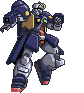 Pixel art of a blue and silver mecha with yellow chest accents, green eyes, red feet, and gray limbs in two distinct poses against a light gray background.