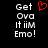 Black background with white pixelated text reading 'Get Over It iim Emo!' and a red pixelated heart symbol above the text.