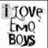 Black text on white background reads 'I LOVE EMQ BOYS' with a question mark, displayed in four identical arranged in a