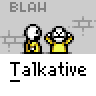 Animated contact sheet of 25 pixel art frames showing two yellow stick figures with white heads in various poses and speech bubbles containing text like "BLAH", "DON'T YOU", "EVER", "SHUT UP!!", "SO THEN", and "HE SAID..." on a gray background.