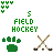 Green and brown pixelated field hockey icon with crossed sticks, green block shapes, and text reading 'GS FIELD HOCKEY' in multiple distorted variations.