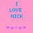 Pink background with blue text reading "I LOVE NICK" and five purple pixelated hearts below, two versions of the same design side-by-side.