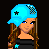 Pixel art contact sheet showing three frames of an animated buddy icon with a female character, blue clothing, and text elements.