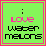 Two side-by-side pixel art with green backgrounds, pink borders, and black dots above text reading 'love' in pink, 'water' in black, and 'melon' in either black or white