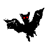Black bat silhouette with red eyes in various flying poses on gray background, each frame showing distinct wing and body positions.