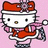 Pixelated Hello Kitty character in red and white outfit with pink scarf, performing ice skating motion on light pink background.