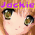 Pixelated anime-style face with brown hair, large brown eyes, and purple text reading "Jackiels So" above; lower section shows grayscale image with red rose and "Sweet" text.