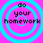 Four identical pixelated icons arranged in a , each displaying 'do your homework' text over concentric blue circles on a pink background