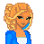Pixel art contact sheet showing four frames of an animated buddy icon featuring a blonde female character in blue and white clothing with the name "Kaci" displayed on a sparkly background.