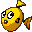 Two pixelated yellow fish with brown accents face left and right, one with wide eyes and open mouth, the other with narrowed eyes and downturned mouth, against gray background.