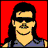 Pixelated image of a person with long dark hair and sunglasses against a red background, next to a blue with white text reading "MULLETS ROCK!" and star patterns