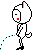 Pixelated cartoon character with white body, pink ears, red mouth, and black shoes in multiple poses against gray background.