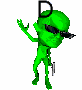 Green cartoon alien with black sunglasses and a knife, animated through sequential poses forming 'DM WILL BLOW YOU AWAY' text with fire effects.
