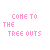 Pixelated pink text on white background cycles through variations of 'COME TO THE TREE OUTS' and 'COME TO THE FOOTBALL TREE OUTS' with altered letterforms.