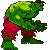 Green muscular figure in red pants with pink accents, shown in multiple poses against gray background.