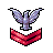 Pixel art icon featuring a stylized bird with outstretched wings above a curved red shape on a gray background.
