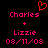 Red pixelated text and symbols on black background with a heart symbol above the names.