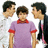 Three pixelated figures stand side-by-side against a white background; central figure wears purple shirt with red collar and sleeves, flanked by two figures in white and dark clothing.