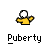 Pixelated yellow figure with white head and black facial feature, arms raised in motion