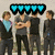 Group of people in dark clothing with blue accents, two of colored icons above and below the group