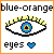 Pixelated eye icon with yellow eyelashes, blue iris, and orange-yellow pupil; text 'blue-orange' above and 'eyes' below with heart symbol.