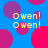 Blue background with overlapping pink and purple circles; yellow text 'Owen!' repeated four times in pixelated font.