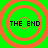 Four identical circular frames with orange concentric rings on a bright green background, each containing the text "THE END" in black pixelated font.