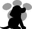 Four black silhouettes of a dog in various poses against a light gray background with gray paw prints.