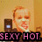 Pixelated image of a person holding a phone with text overlays reading SEXY HOT. and BITCHES.. in red and pink fonts.