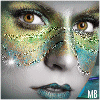 A four- shows a face with green and blue glittery makeup, brown eyes, and teal lips; the right eye's sparkle shifts between