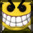 Static pixelated yellow smiley face icon with large black eyes, wide white teeth, and dark outline on a gradient background.