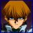 Pixelated anime-style character with orange-brown hair, blue eyes, and a neutral expression wearing light-colored clothing against dark background.