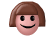 Pixelated cartoon face with brown bob hair, black eyes, and three distinct mouth expressions: closed smile, open grin with red tongue, and wide grin showing teeth.