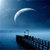 A pixelated image shows a dark ship silhouette on blue water beneath a white crescent moon against a gradient blue sky.