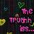 Pixelated image with pink text 'The truth is...' over dark background with hearts, a '<3' symbol, and a character in warm tones.