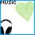 Animated icon with 'MUSIC' text, green heart symbol, black headphones, and blue audio equalizer bars on white background.