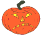 Nine orange pumpkin icons with green stems arranged in a , each displaying distinct carved facial expressions against a gray background