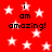 Red background with white stars and repeated black text 'i am amazing!' in pixelated font.