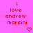 Pixelated red text on bright pink background reads 'i love andrew marsini' with small heart symbols, arranged in a pattern