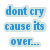 Pixelated text in blue, pink, and green reads "dont cry cause its over..." on the left and "smile cause it happened" on the right with a gray rectangle below.