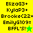 Pixelated text lists names and "BFFL'S!" with a star symbol on a yellow-green background, showing two animation states with different star colors.