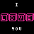 Pixelated text animation showing "I LOVE YOU" in pink and white on black background with gray transparency area.