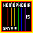 A 4-frame contact sheet of animated AIM buddy icons featuring the word 'HOMOPHOBIA' at top, rainbow vertical stripes on left, number '15' on right, and 'GAY!!!!!' text at bottom with varying pixelation in each frame.