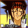 Animated character with spiky brown hair and red headband, closed eyes, smiling expression, white shirt with blue collar, yellow background.