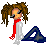 Pixel art icon of a cartoon character with brown curly hair, red scarf, white outfit, and dark blue triangular object on gray background.