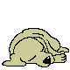 Pixelated dog in two poses: curled down with head tucked and lying on back with mouth open, all against gray background.