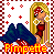 Pixel art contact sheet showing two identical frames of a blonde cartoon woman with red bandana, red dress, and blue skirt sitting on white clouds against checkered background with red crosses.