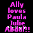 Pixelated text in bright pink on black background reads 'Ally loves Paula Julie Abdol!' with white star-like accents above the final letters of 'Abdol' and an exclamation mark.