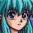 Pixelated anime-style character with turquoise hair and red eyes, next to black background with silver text.